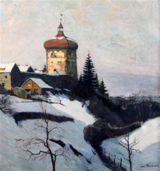 L. Braun? (Austrian School) Church in a winter landscape, 27.5 x 25.5in.